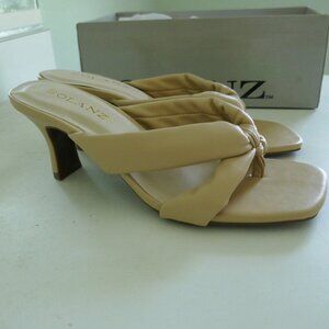 Solanz women's tan puffy straps slip on sandals 2.5" heel size 5.5